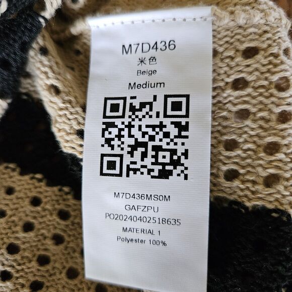 Women’s Striped Crochet Button Collared Cardigan Tan Black Mesh Lightweight, New - Picture 8 of 9